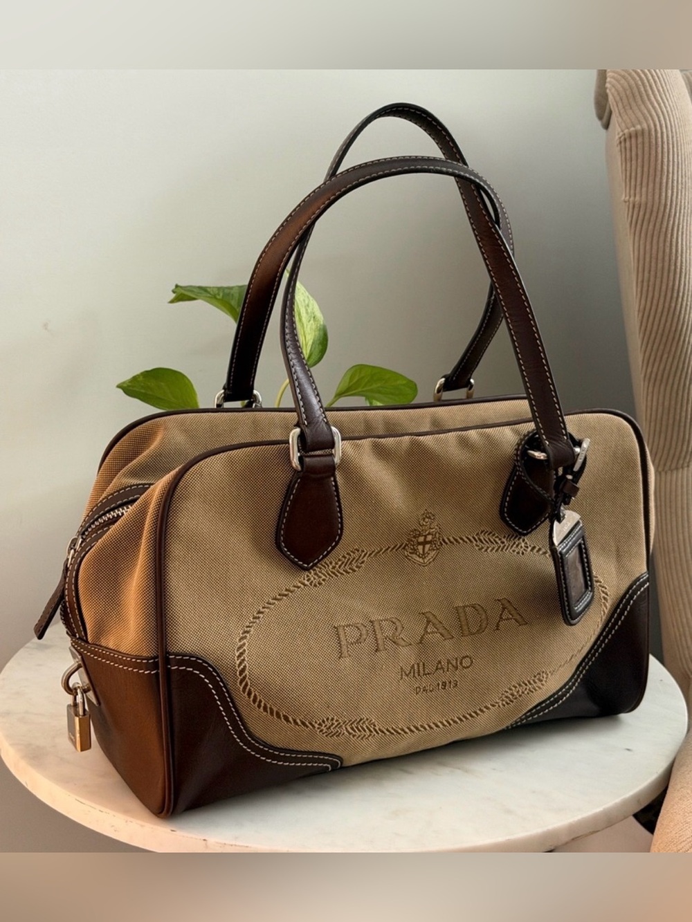 Prada Beige and Dark Brown Canvas Leather Satchel Vintage - Picture 3 of 10